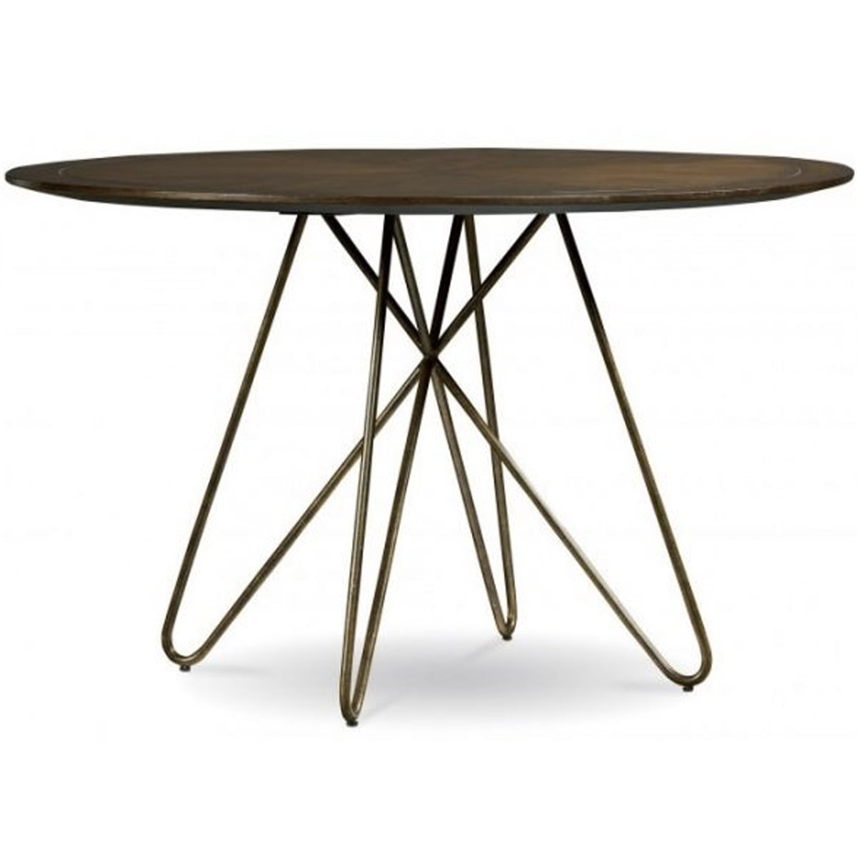 Round wooden coffee table with metal braced cross legs